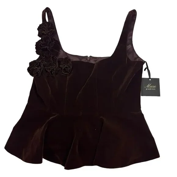 NWT Muse by Marchesa Velvet Peplum Top 12 Ristretto Brown Floral Applique $179 - Picture 2 of 10